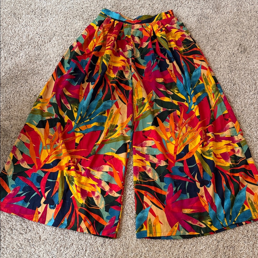 Live 4 Truth Wide-Leg Tropical Leaf Print Pants - Red, Yellow, Blue, Green Sz L